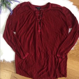 Lucky Brand Burgundy Embroidered Textured Henley